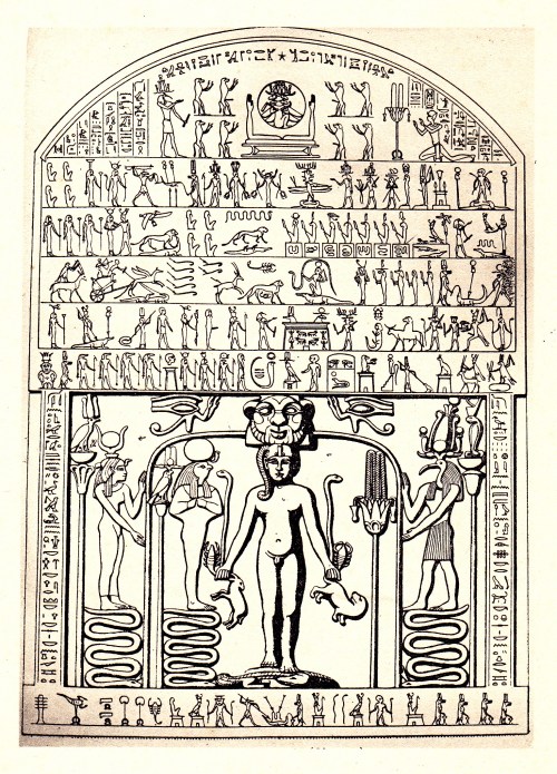 Detail, Metternich stele. (Clippus of Horus, Metternichestele, ed. Golenischeff, plate 1.) Reproduced from E.A. Wallis Budge, Egyptian Magic, p. 149.