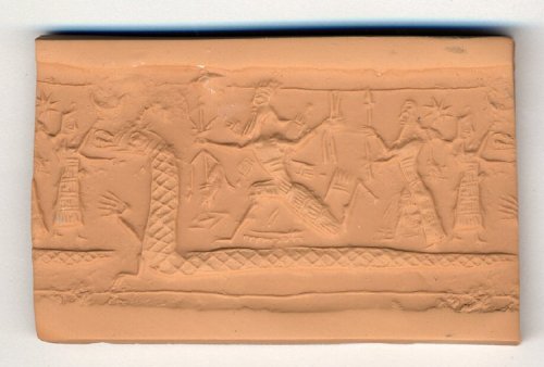 The seal may illustrate a scene from the epic of creation in which the forces of chaos, led by Tiamat, are defeated by a god representing cosmic order, probably Ninurta.