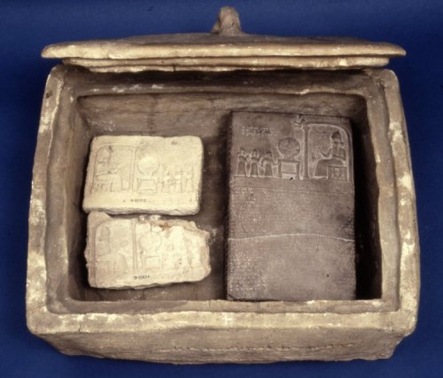 Museum number 91000 Group of Objects Pottery box and the limestone sun-god tablet and its covers deposited in it by Nabopolassar. 