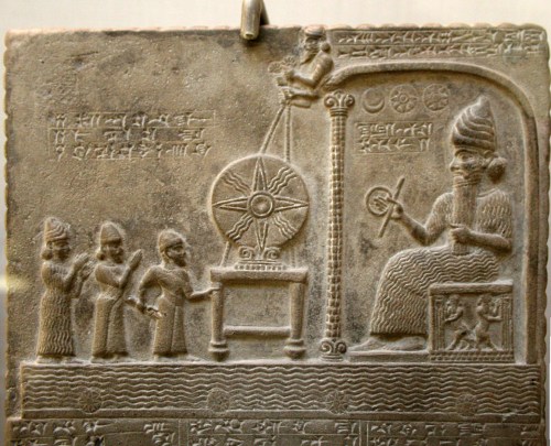 Relief image on the Tablet of Shamash, British Library room 55. Found in Sippar (Tell Abu Habbah), in Ancient Babylonia; it dates from the 9th century BC and shows the sun god Shamash on the throne, in front of the Babylonian king Nabu-apla-iddina (888-855 BC) between two interceding deities. The text tells how the king made a new cultic statue for the god and gave privileges to his temple. https://en.wikipedia.org/wiki/Tablet_of_Shamash#/media/File:Tablet_of_Shamash_relief.jpg