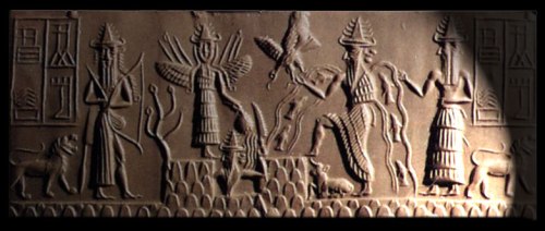 From left, Storm God Ninurta, with bows and arrows. Ishtar, queen of heaven and earth, is elevated, with wings and spears and maces on her shoulders. The tree of life sprouts to her right, our left. The Sun God Shamash rises from the mountain Kur in the center, with rays of light on his shoulder. The God of Water and Wisdom, Enki/Ea battles the bird-god Imdugud/Anzu, with depictions of the Tigris and Euphrates rivers and fish coursing from his shoulders. At far right is the deified vizier Usmu, the two-faced. All gods wear conical hats with four pairs of horns. At far left is the word Adda in Accadian cuneiform, "Scribe." Accordingly this cylinder seal is known as the Seal of Adda, Akkadian period, 2350-2100 BCE. British Library. http://www.ancientworlds.net/aw/Article/787375