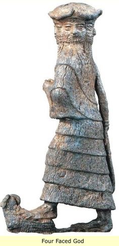 Four faced statuette, representing the god of the four winds. The god wears a low cap with a pair of horns meeting above each face. He carries a scimitar in his right hand and places his left foot upon the back of a crouching ram. https://oi.uchicago.edu/collections/highlights/highlights-collection-mesopotamia
