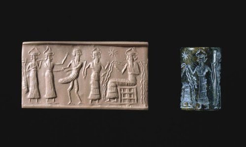 A bird man appears before a god, there are horns of divinity on some of these figures, as there are on the god, who could be Ea, with water coursing from his shoulders. 