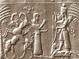 This finely cut seal depicts Ishtar, Mesopotamian goddess of sexuality and warfare. Her strength as a warrior is stressed here, as she is shown with weapons rising from her shoulders. Ishtar appears to have been associated at an early period with the Sumerian goddess Inanna and both deities are depicted with symbols of fertility, such as the date palm, and of aggression, such as the lion. This iconography survived relatively unchanged for over a thousand years. Here, Ishtar's astral quality is also emphasized: above her crown is a representation of the planet Venus. In the first millennium BC more unusual stones were used to make seals: this one is made of green garnet, which may have come from northern Pakistan. British Museum, ME 89769, acquired 1835. D. Collon, First impressions: cylinder seals (London, The British Museum Press, 1987) H. Frankfort, Cylinder seals (London, Macmillan, 1939) http://www.britishmuseum.org/explore/highlights/highlight_objects/me/g/garnet_cylinder_seal_ishtar.aspx