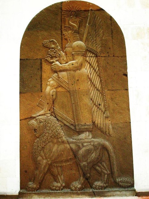 Ḫaldi was the chief deity of the Ararat (Urartu) pantheon. His shrine at Ardini (likely from Armenian Artin), was in Akkadian Muṣaṣir (Exit of the Serpent/Snake).  Of all the gods of the Ararat (Urartu) pantheon, most inscriptions are dedicated to Khaldi or Hayk (Armenian: Հայկ) or Hayg, also known as Haik Nahapet (Հայկ Նահապետ, Hayk the Tribal Chief), the legendary patriarch of the Armenian nation.  He is portrayed as a man standing on a lion. The kings of Urartu prayed to Khaldi for victory in battle. Temples dedicated to Khaldi were adorned with weapons. https://aratta.wordpress.com/2014/10/25/kaldikali-hel/