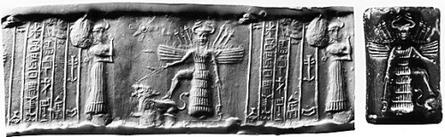 Goddess Ishtar, center, with wings, standing armed with one foot on a lion, her symbol. The goddess is portrayed wearing the horned headdress of divinity and indistinct weaponry on her back.
