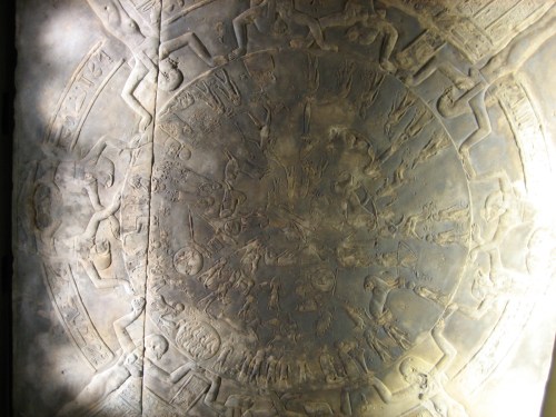  The Zodiac of Dendera (or “Dendara”), a stone diagram from an Egyptian temple dated to the mid-1st century BCE, depicts the twelve signs of the zodiac and the 36 Egyptian decans, and numerous other constellations and astronomical phenomena. The Hellenistic-era portrayal of the zodiac is dated to between June 15th and August 15th, 50 BCE based on astronomical data in the diagram.  The positions of planets in specific signs of the zodiac and eclipses that took place on March 7th, 51 BCE and September 25, 52 BCE are depicted. The Dendera Egyptian temple complex dates back to the 4th century BCE, during the rule of the last native Egyptian pharaoh Nectanebo II. It was renovated by later Hellenistic and Roman rulers. http://horoscopicastrologyblog.com/2007/05/24/the-zodiac-of-dendera/