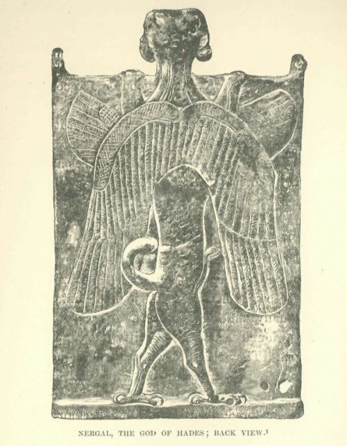 The reverse side of the god Nergal,  drawn by Faucher-Gudin. This is the back of the bronze plate above; the animal-head of the god appears in relief at the top of the illustration. http://www.gutenberg.org/files/17323/17323-h/17323-h.htm#linkBimage-0018 