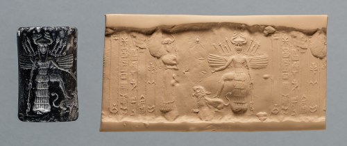 Iraq, Akkadian Period Reign of Naramsin or Sharkalishari, ca. 2254-2193 B.C. Black stone 4.2 cm H, 2.5 cm W Purchased in New York, 1947 Oriental Institute Museum A27903 This cylinder seal was dedicated to the goddess, Ninishkun, who is interceding on the owner's behalf with the great goddess Ishtar. Ishtar places her right foot upon a roaring lion, which she restrains with a leash. The scimitar in her left hand and the weapons sprouting from her winged shoulders are a reference to her martial qualities. https://oi.uchicago.edu/collections/highlights/highlights-collection-mesopotamia