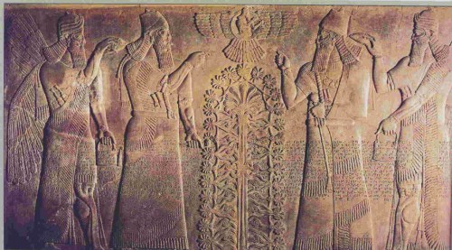 Stone relief from the throne room of Ashurnasirpal II. Nimrud (ancient Kalhu), northern Iraq. Neo-Assyrian, 870–860 BC. This Assyrian relief is from the throne room of the North-West Palace of Ashurnasirpal II (reigned 883-859 BC) at Nimrud in northern Iraq. It was originally positioned behind the king’s throne. Ashurnasirpal appears twice, shown from two sides, dressed in ritual robes and holding a mace symbolising his authority. The figure of the king on the right makes a gesture of worship to a god in a winged disk in the top centre of the relief.  The source of the king’s power may be Ashur, the national god, or Shamash, the god of the sun and justice.  He holds a ring in one hand, an ancient Mesopotamian symbol of god-given kingship. The figure of the king on the left appears to gesture towards a Sacred Tree in the centre. This balanced combination of steams and foliage is a symbol of fertility and abundance given by the gods. Behind the king, on either side of the relief, is a winged protective spirit who blesses and purifies Ashurnasirpal using a cone-shaped object to sprinkle liquid from a ritual bucket. The relief thus summarises visually the main ideas of Assyrian kingship; he is the source of abundance provided by the gods. Ancient visitors approaching the enthroned king would have thus seen three royal figures, the living king facing them, and, on either side of him, two carved images showing Ashurnasirpal’s relationship with the gods.  Emerging from behind the king himself would be the Sacred-Tree. There was another almost identical relief opposite the main door of the throne room, and similar scenes occupied prominent positions in other Assyrian palaces. They were also embroidered on the royal clothes. J.E. Reade, Assyrian sculpture (London, The British Museum Press, 1983) Excavated by Austen Henry Layard, 1845-7 ME 124531, Room 7-8: Assyria: Nimrud http://www.britishmuseum.org/explore/highlights/highlight_objects/me/s/stone_throne_room_relief.aspx