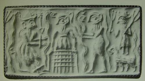 "Cylinder seal impression which may portray Dumuzi retained in the underworld, flanked by snakes." (cf. illustration and text on p. 71. Henrietta McCall. Mesopotamian Myths. London. British Museum Publications in cooperation with the University of Texas Press, Austin. 1990, 1993) http://www.bibleorigins.net/CherubimOrigins.html