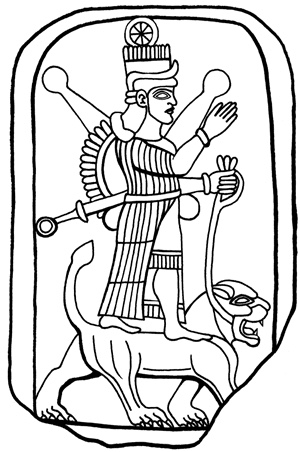 Ishtar, in a characteristic posture atop a lion, her animal. The goddess has weaponry on her back, and handles her lion with a leash. Her eight-pointed star is on her head. 