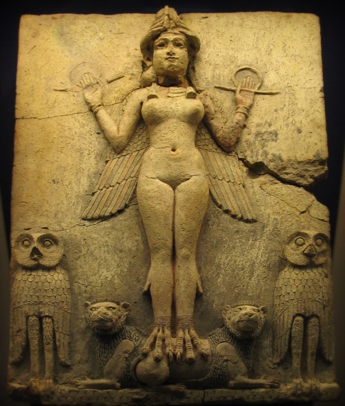 The Burney Relief, Babylon (1800-1750 BCE). A portrayal of Ishtar or Ereshkigal. In line with the descriptions of Berossos, this goddess has wings and owl's feet. https://upload.wikimedia.org/wikipedia/commons/1/19/Burney_Relief_Babylon_-1800-1750.JPG