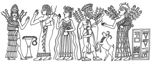 Ishtar is depicted at far left, wearing the horned headdress of divinity, with weapons on her back and a long knife in her hand.  A worshipper presents a sacrificial animal, next to an uncertain goddess depicted with water flowing from her vase.  Ea appears with a fishtail hanging behind him, and an antelope bucking beside him.  I am not certain which goddess appears at far right. 