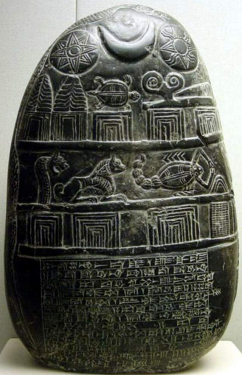BM102485 - Boundary stone (kudurru) Kassite dynasty, about 1125-1100 BC Probably from southern Iraq A legal statement about the ownership of a piece of land The cuneiform inscription on this kudurru records the granting by Eanna-shum-iddina, the governor of the Sealand, of five gur of corn land in the district of Edina in south Babylonia to a man called Gula-eresh. The boundaries of the land are laid out; the surveyor is named as Amurru-bel-zeri and the transfer completed by two high officials who are also named. Nine gods are invoked to protect the monument, along with seventeen divine symbols. The symbols of the important Mesopotamian gods are most prominent: the solar disc of the sun-god Shamash, the crescent of the moon-god Sin and the eight-pointed star of Ishtar, goddess of fertility and war. The square boxes beneath these signs represent altars supporting the symbols of gods, including horned headdresses, the triangular spade of Marduk, and the wedge-shaped stylus of Nabu, the god of writing. A prominent snake is shown on many kudurru and may, like many of the symbols, be related to the constellations. The text ends with curses on anyone who removes, ignores or destroys the kudurru. L.W. King, Babylonian boundary stones and (London, Trustees of the British Museum, 1912) © The Trustees of the British Museum http://www.britishmuseum.org/explore/highlights/highlight_objects/me/b/boundary_stone_kudurru-6.aspx