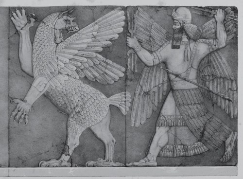 Battle between Marduk (Bel) and Tiamat. Drawn from a bas-relief from the Palace of Ashur-nasir-pal, King of Assyria, 885-860 B.C., at Nimrûd. British Museum, Nimrûd Gallery, Nos. 28 and 29. http://bharatkalyan97.blogspot.com/2013/06/tablet-of-destinies.html