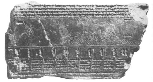 Leo with Corvus standing on Hydra (VAT 7847 (= VAN 784 Staatliche Museen zu Berlin) VAT 7847, Obverse. A Seleucid era astrological tablet. Two astrological texts from Uruk, VAT 7847 and Louvre Museum's AO 6448, have long been recognized as two pieces of one large tablet (zodiac compilation tablet). The tablet deals with the division of Zodiac into subzodiacs, and the connection of these subzodiacs to different cities/towns, temples plants, trees and stones. (In tabular form, for each constellation of the zodiac, a tradition of the connection of each constellation of the zodiac with a certain city, temple name, and the designations for wood and stones are dealt with.) AO6448 has drawings of the constellations Corvus and Virgo with the planet Mercury in attendance. VAT 7847 (= VAN 784 Staatliche Museen zu Berlin) contains drawings with names of stars/constellations. VAT 7847, Obverse. Constellation depiction on a Seleucid astrological tablet (from 2nd-century BCE Uruk). The depiction shows a lion standing on the back of a winged serpent. The two constellations depicted are Hydra and Leo. (They are shown "from the other side" - facing left instead of right.) The eight-pointed star to the left is captioned dingirSAG.ME.GAR (Jupiter). (However, some persons have mistakenly identified the bright star as Procyon.) VAT 7847 is a part of a larger tablet that had broken into two parts. The join for VAT 7847 appeared in Textes cunéiformes du Louvre by François Thureau-Dangin, Tome XII (Tablettes d'Uruk, à l'usage des prêtres du temple d'Anu au temps des Séleucides), 1922, catalogued as AO 6448. VAT 7847 is in the State Museum, Berlin, and AO 6448 is in the Louvre Museum, Paris. Both sides show in their upper part drawings of labelled drawings of constellations. As a completed tablet VAT 7847 and AO 6448 form an astrological calendar. The text contains omens and hemerological predictions. The tablet deals with the Babylonian zodiac and depicts 12 divisions corresponding to the months and the signs of the zodiac and is concerned with lunar eclipses near zodiacal constellations. The tablet is dated to the Hellenistic period circa 200 BCE by one source and circa 323-363 by Klaus Wagensonner, University of Oxford, and originates from Uruk (modern Warka). http://members.westnet.com.au/gary-david-thompson/page11-10.html