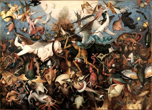 The Fall of the Rebel Angels is an oil-on-panel by Flemish renaissance artist Pieter Bruegel the Elder, painted in 1562. It is currently held and exhibited at the Royal Museums of Fine Arts of Belgium in Brussels. Bruegel's depiction of this subject is taken from a passage from the Book of Revelation (12, 2-9) and reveals the artist's profound debt to Hieronymous Bosch, especially in the grotesque figures of the fallen angels, shown as half-human, half-animal monsters.  Together with Dulle Griet and The Triumph of Death, which have similar dimensions, it was probably painted for the same collector and destined to become part of a series. https://en.wikipedia.org/wiki/The_Fall_of_the_Rebel_Angels_(Bruegel)