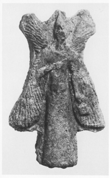 A bird-apkallū of the Nisroc kind, plate IXb.  Sun-dried clay plaque-figurine of a bird-apkallu, one of seven discovered in a foundation box in the S.W. corner of room 27 of the Burnt Palace at Nimrud. Previously published: Mallowan, ILN Aug 15, 1953, Fig. 8, bottom left; Iraq 16 (1954), N&R I, 229; Cf. also Rittig, 71. 