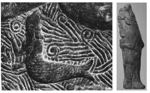 A "fish-man" / kulullû is depicted at left, and a fish-apkallū at right.  Wiggermann distinguishes these two entities. 
