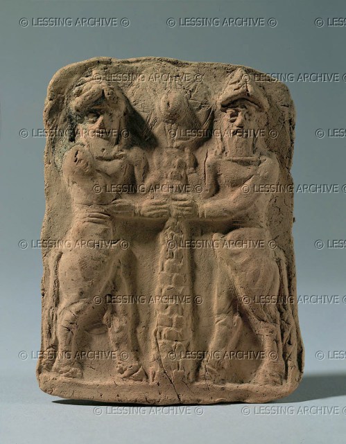 Two Kusarikku, or "bull-men," holding a sacred palm tree surmounted by the eight-pointed star of Ištar.  Note the horned headdresses, indicative of divinity.  From Eshnunna (Tell Asmar near Baghdad,Iraq). Early 2nd millennium BCE. Louvre, AO 12446