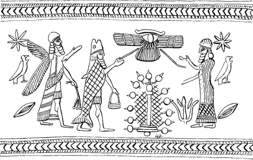 Apkallus type 1 and 2, Stephanie Dalley, IDD.<br />  Two forms of Apkallu are depicted here, the umu-apkallu or ummanu on the left, holding what appears to be a branch with poppy bulbs, and the puradu-fish type with banduddu bucket in left hand.<br />  The sacred tree appears at center, beneath a winged device whose meaning is unclear to me.<br />  The figure on the right is probably a king, as the rich garment is not topped by a horned tiara, indicative of divinity.