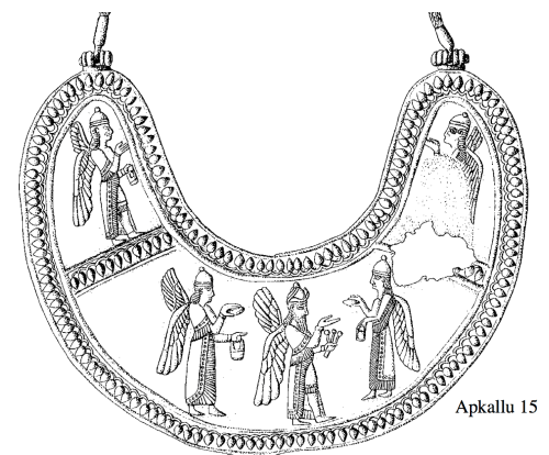 Apkallu type 1, Illustration 15, Stephanie Dalley, IDD.<br /> Four beardless umu-apkallu flank a fifth bearded one wearing the horned tiara indicative of divinity. Apkallu are often portrayed wearing this crown, but this illustration may be unique with just one.<br /> The two bottom apkallu hold mullilu and banduddu in their appropriate hands, while the central apkallu holds what appear to be poppy bulbs.