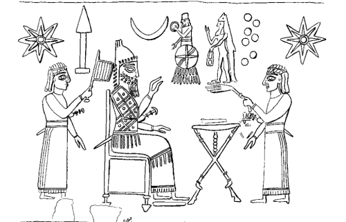 Apkallu type 2, illustration 41, Stephanie Dalley, IDD.<br />  Stephanie Dalley observes that the apkallu in this illustration "may function as a filling motif in a scene with an offerings table and divine symbols."<br />  Indeed the apkallu is not the focus of this illustration at all, which appears to portray a king (or a divinity?) receiving the blessings of a beardless priest with what appears to be a whisk in his raised left hand.<br />  The king, or divinity, wears a horned cap with three tusks at the apex.<br />  This illustration is significant for its repetitive eight-rayed stars, evocative of Ištar. The seven heavenly entities of Mesopotamian cosmogony are portrayed as small circles. The god in the winged conveyance is generally considered a reference to Aššur or Marduk, though he displays the sun disc of Shamash. The inverted crescent of the Moon god Sin, and the wedge mounted upon a stand, which I believe represents Nabu, complete the upper register.<br />  On this wedge symbol, Wiggermann, The Mesopotamian Pandemonium, 2011, is mute.