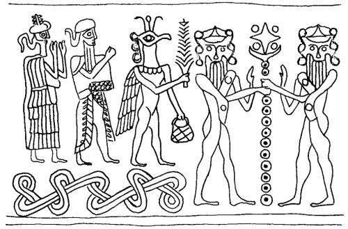 Apkallu type 3, illustration 71, Stephanie Dalley, IDD.<br /> Professor Dalley cites illustration 71 as an example where a nisroc bird-headed apkallu holds a sprig in the raised right hand.<br /> I believe that she also cites it as an example with three curls atop its head. This assertion is problematic, as the middle 