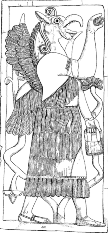 Apkallu type 3, illustration 76, Stephanie Dalley, IDD.  Stephanie Dalley cites illustration 76 as an exemplar "with a long, high crest ... with two ringlets falling to the shoulder," which it indeed does portray.  She also writes, "For jewelry the figure may wear a necklace with seven strands (76*), which may also only be single-stranded with pendants. With my apologies to the professor, I detect no necklace or pendants on this illustration.  This illustration does depict a type 3 Nisroc apkallu in the apparent act of uttering a cry, with a visible tongue, though Professor Dalley does not cite it as an example of that.  Finally, she asserts the "so-called "fish-tail fringe" dangling from the kilt (76*) is not a fish part, and so does not indicate that the type is a  fish composite." With this statement, I am in utter agreement.  This particular illustration, its find site unknown to me, is atypical in other respects. The portrayal of the avian head is perhaps unique, and at variance with the typical versions from the palace walls of Ashurnasirpal II, for example.  The lone curl at the top of the head is unique, I think, as are the curls which Professor Dalley identified above.  In no other example does a nisroc-bird apkallu stand in front of a sacred tree, occluding it from view.  The armlet on this apkallu is unusual, as well, with a design that I have not seen elsewhere.  In all other respects, this depiction of a type 3 bird-headed apkallu is typical, with mullilu cone and banduddu bucket in their customary places. 