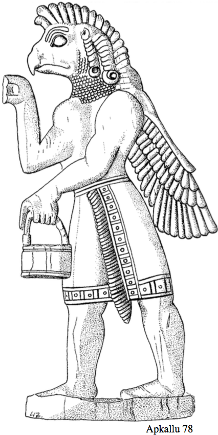 Apkallu type 3, illustration 78, Stephanie Dalley, IDD.<br /> Professor Dalley states that this illustration portrays a bird-headed type 3 apkallu with a plant, which I regretfully do not see. The hand on this illustration is broken off, so whatever was held in the hand is unknown. The hand in fact appears to be in the prototypical gesture of blessing with a mullilu cone in hand, though we cannot be certain. Professor Dalley also states that the 