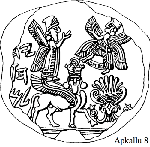 Apkallu type 1, Illustration 8, Stephanie Dalley, IDD.<br /> Dalley notes that this "Hebrew seal" may not be genuine, as it features a winged, man-faced bull "Aladlammu" serving as a "pedestal animal for a divine figure."<br />  What intrigues me is the crown worn by the man-faced bull, which resembles the crown portrayed on previous depictions alleged to be the god Anu. I do not propose that this man-faced bull is Anu, but his dual-horned headdress is surmounted by a disc-shaped device which is more ornate than the headdress on any other figure on this seal. The crown in this context is problematic, and it raises questions. <br /> Dalley compares illustration 8 to illustration 9, below, as "another West Semitic or (or rather South Semitic) seal with this type of apkallu standing alone."
