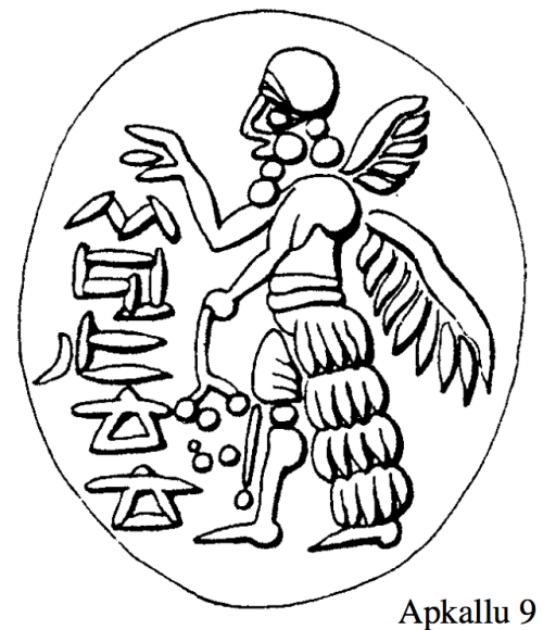 Apkallu type 1, Illustration 9, Stephanie Dalley, IDD. Dalley compares this seal portrayed as illustration 9 with illustration 8 above, as "another West Semitic (or rather South Semitic) seal with this type of apkallu standing alone." For me, the indistinct head gear stands out, as does the portrayal of the poppy bulbs in the left hand. 