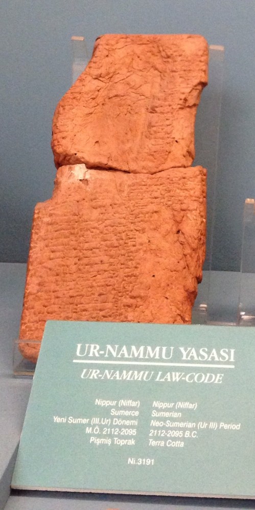"In all probability I would have missed the Ur-Nammu tablet altogether had it not been for an opportune letter from F. R. Kraus, now Professor of Cuneiform Studies at the University of Leiden in Holland...  His letter said that some years ago, in the course of his duties as curator in the Istanbul Museum, he had come upon two fragments of a tablet inscribed with Sumerian laws, had made a "join" of the two pieces, and had catalogued the resulting tablet as No. 3191 of the Nippur collection of the Museum...  Since Sumerian law tablets are extremely rare, I had No. 3191 brought to my working table at once. There it lay, a sun-baked tablet, light brown in color, 20 by 10 centimeters in size. More than half of the writing was destroyed, and what was preserved seemed at first hopelessly unintelligible. But after several days of concentrated study, its contents began to become clear and take shape, and I realized with no little excitement that what I held in my hand was a copy of the oldest law code as yet known to man."   Samuel Noah Kramer, History begins at Sumer, pp. 52–55.  CC0 File:Ur Nammu code Istanbul.jpg Uploaded by Oncenawhile Created: 1 August 2014   https://en.wikipedia.org/wiki/Code_of_Ur-Nammu#/media/File:Ur_Nammu_code_Istanbul.jpg