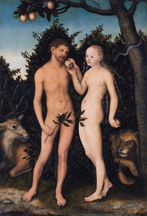 Lucas Cranach the Elder (1472-1553 AD), Adam und Eva im Paradies (Sündenfall), Adam and Eve in Paradise (The Fall), 1533 AD.  Held at the Gemäldegalerie, Berlin.  This work is in the public domain in the United States, and those countries with a copyright term of life of the author plus 100 years or less. https://commons.wikimedia.org/wiki/File:Lucas_Cranach_the_Elder_-_Adam_und_Eva_im_Paradies_(Sündenfall)_-_Google_Art_Project.jpg