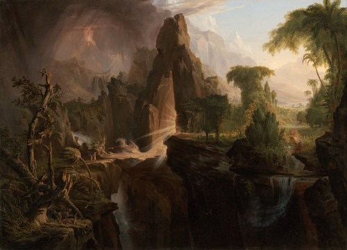 Click to zoom.  Thomas Cole (1801-48), Expulsion from the Garden of Eden, 1828. Held by the Waleska Evans James Gallery 236, generous gift of Martha C. Karolin for the M. and M. Karolin Collection of American Paintings, 1815-1865 AD. http://www.mfa.org/collections/object/expulsion-from-the-garden-of-eden-33060