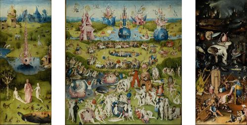 Hieronymus Bosch, The Garden of Earthly Delights, 1480-1505 CE, the complete triptych. It is in the collection of the Museo del Prado, Madrid.  https://commons.wikimedia.org/wiki/File:Jheronimus_Bosch_023.jpg This work is in the public domain in the United States and those countries with a copyright term of life of the author plus 100 years or less.  
