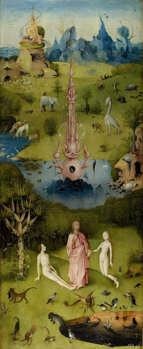 Hieronymus Bosch, The Garden of Earthly Delights, The Earthly Paradise (Garden of Eden). Hieronymus Bosch (1450-1516 CE) painted The Garden of Earthly Delights with oil on panel between 1480 and 1505 CE. This is the leftmost panel of three. It was acquired by the Museo del Prado, Madrid, in 1939.  https://commons.wikimedia.org/wiki/File:Jheronimus_Bosch_023.jpg This work is in the public domain in the United States and those countries with a copyright term of life of the author plus 100 years or less.  
