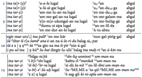 Seleucid text, Uruk, W 20030,7.  Excerpt from Selz, Of Heroes and Sages, 2011, p. 793. 