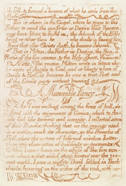 William Blake, The Marriage of Heaven and Hell, 1790 CE, object 6 (Bentley 6, Erdman 6, Keynes 6). The Blake Archive's note on this etching states that Blake's name as the publisher is "nowhere stated in the work, but the attribution is certain." Acquired from Francis Douce in 1834 by the Bodleian Library, this etching is held in the Rare Books Department in the Douce Collection under Accession Number: Arch. G d.53. http://www.blakearchive.org/exist/blake/archive/copyinfo.xq?copyid=mhh.b