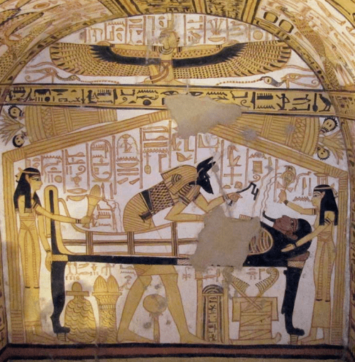 Isis (L) & Nephthys (R), Anubis Ministers to the Deceased, Winged Isis at top 13th century BCE, reign of Ramesses II.png