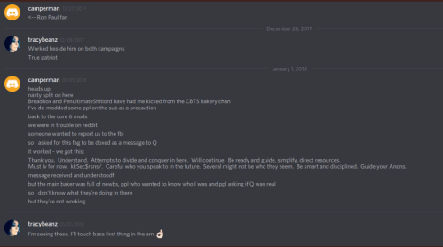 Q Baruch as camperman Discord Chat MSG to tracybeanz 12-27-17 Heads Up on Baker Eruption