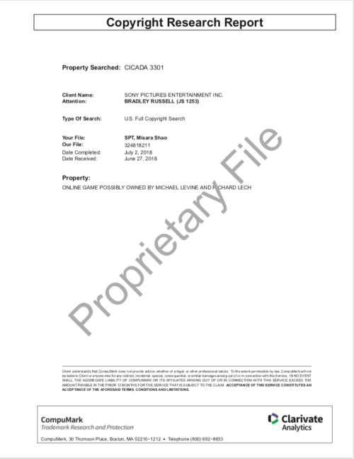 Cicada 3301 Copyright Research Report SONY Levine Lech CompuMark p.1