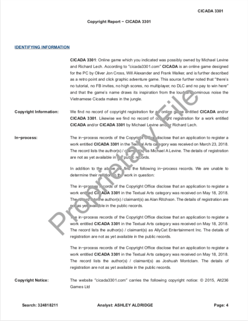Cicada 3301 Copyright Research Report SONY Levine Lech CompuMark p.4