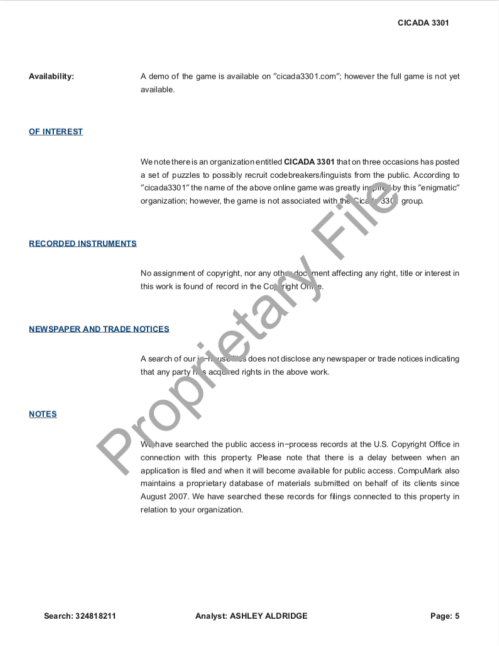 Cicada 3301 Copyright Research Report SONY Levine Lech CompuMark p.5