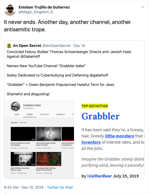 Me Gabe Hoffman TS Schoenberger AntiSemite Gabbler Babe YouTube Tweet 2019-12-28