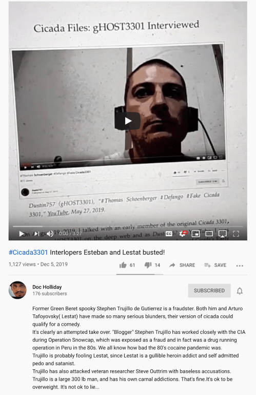 Schoenberger Accusation Esteban Lestat Busted Idiot Dec 5 2019 Deleted YT Channel Doc Holliday