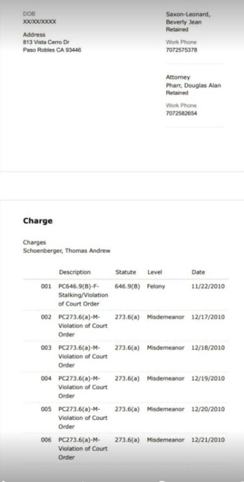 Thomas Schoenberger Case CR155849 Felony Stalking 2011-2