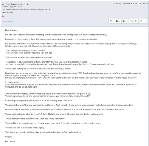 TS Email A riddle, Parody LIves to Me Dec 3 2019 Threatening Me Over a Book Coming Out