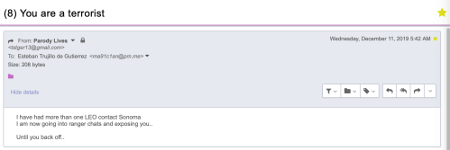 TS Email You are a terrorist, Parody Lives Dec 11 2019 Until you back off
